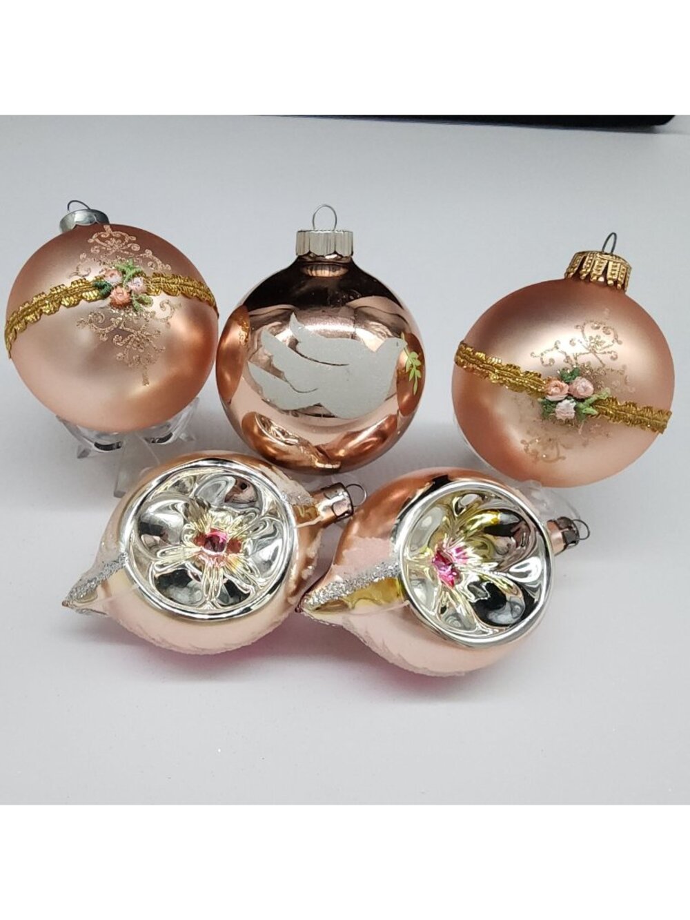 Vintage Peach & Gold Glass Ornaments Indent Set Of 5 Floral & Dove Design